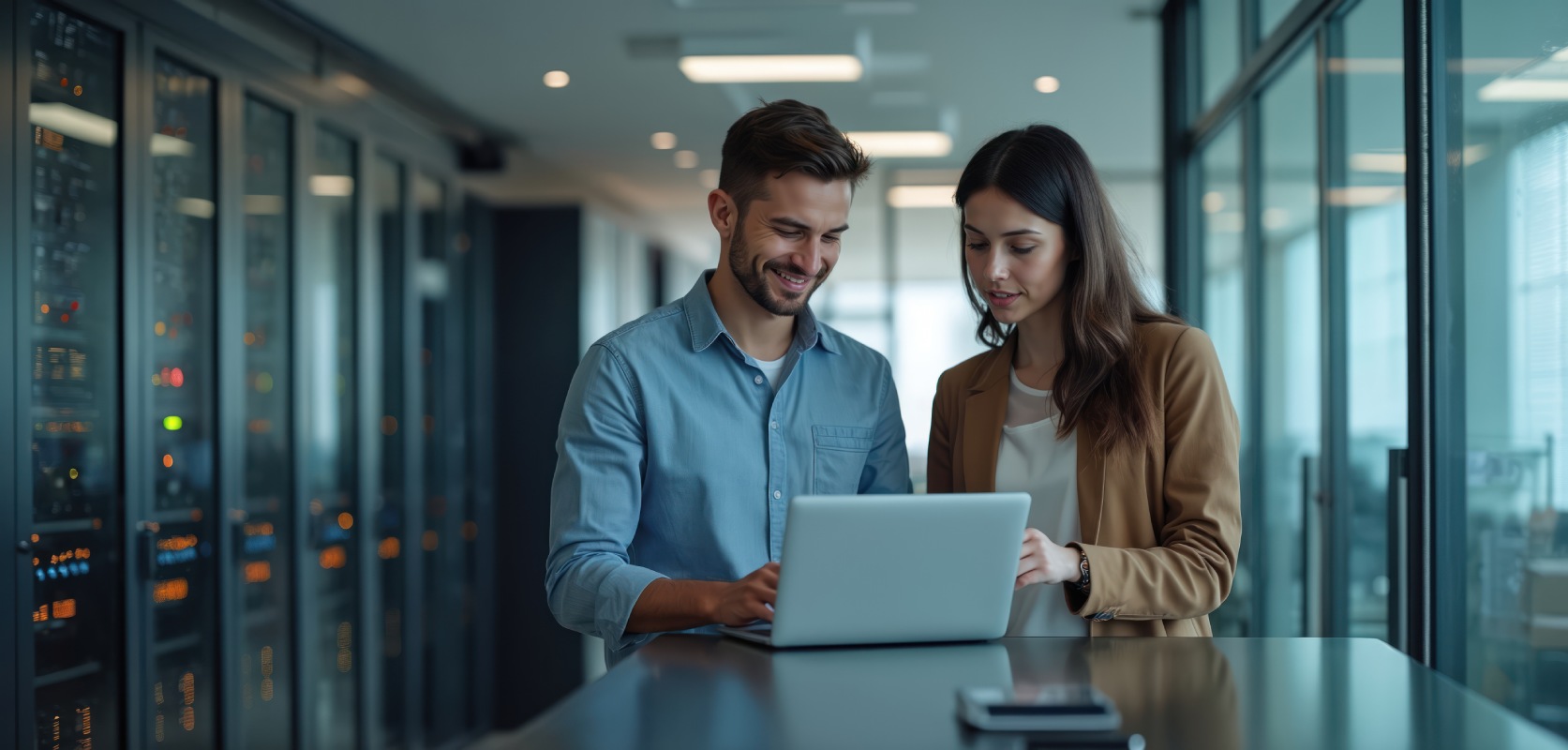 A man and a woman collaborate at a laptop in a modern office setting, with server racks visible in the background.
