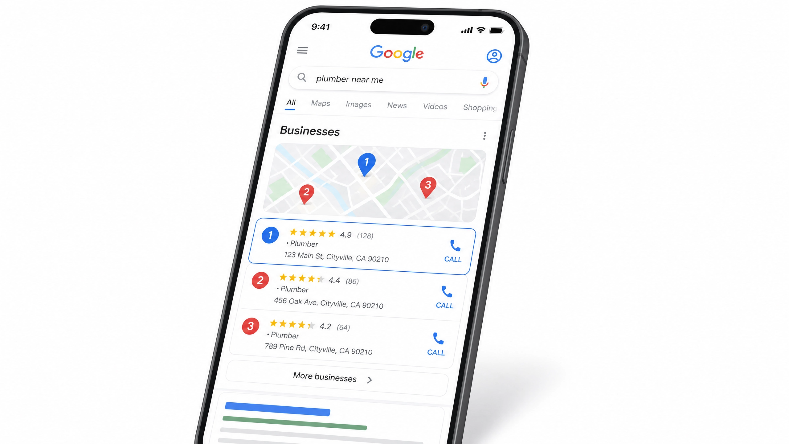 Google search results showing the local pack with three nearby businesses