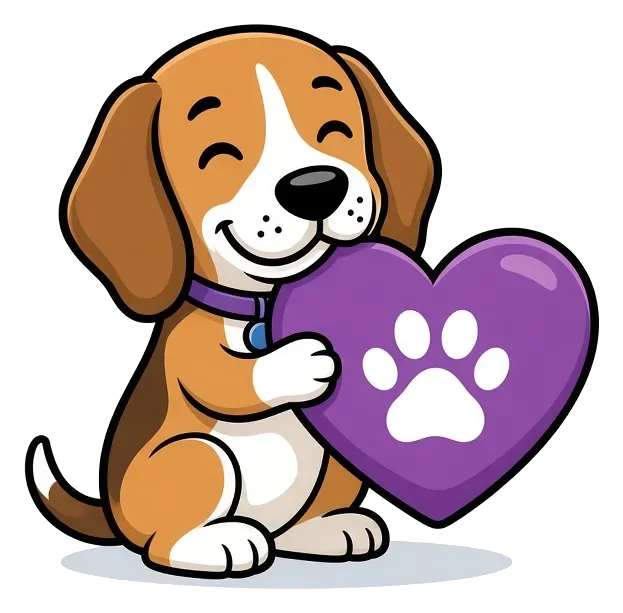 Cartoon beagle Ariel hugging a purple heart with a white paw print.