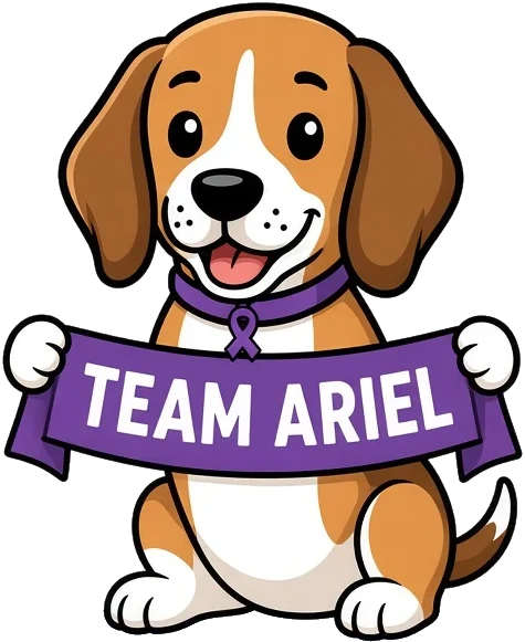 Cartoon beagle Ariel holding a "Team Ariel" banner
