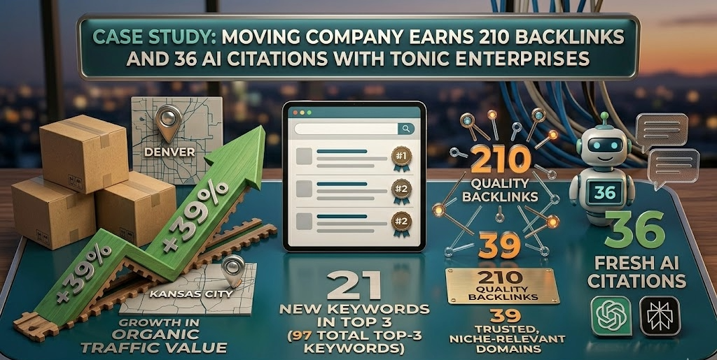 Moving company case study: 210 backlinks and 36 AI citations with Tonic Enterprises